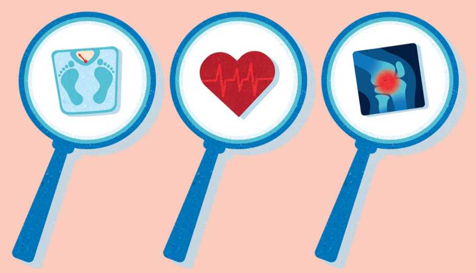 Tres lupas donde se ven unos pies sobre una balanza, un corazón y una articulación con dolor