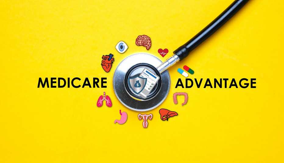 Una imagen de un estetoscopio con una ilustración de órganos humanos y la palabra Medicare Advantage