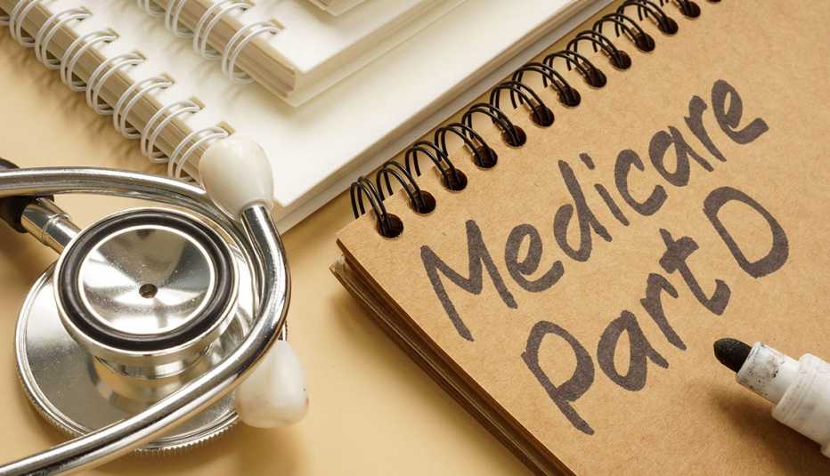 Una libreta que dice Medicare parte D y un estetoscopio