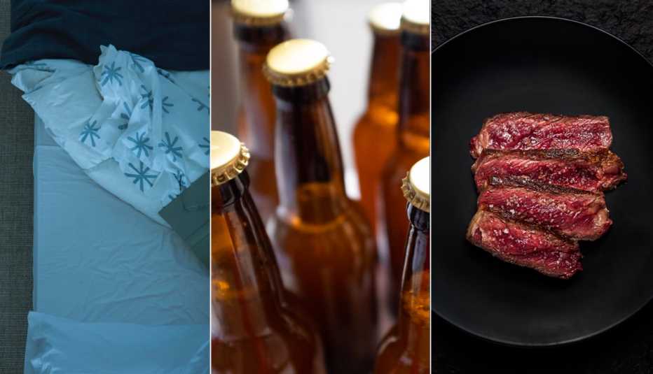 Foto montaje de una cama, botellas de cerveza y carne roja