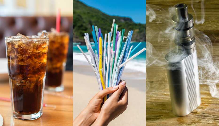 Una foto composición de un vaso con soda, pajitas y un cigarrillo electrónico