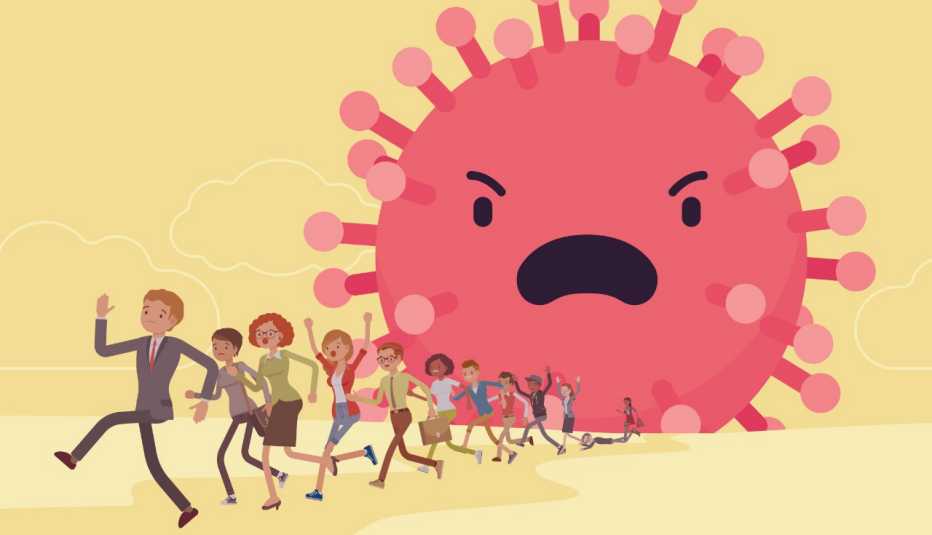 Ilustración de una partícula de coronavirus gigante persiguiendo unas personas