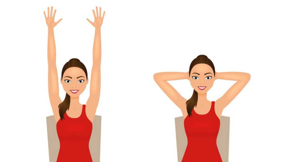 Ilustración de una mujer sentada en una silla alzando los brazos y colocándolos detrás de su cabeza