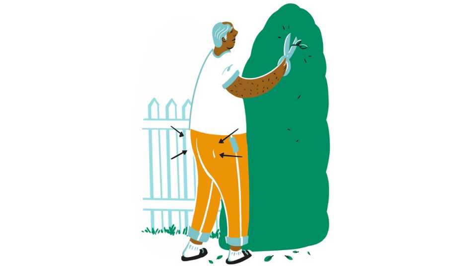 Ilustración de un hombre podando un arbusto en el patio