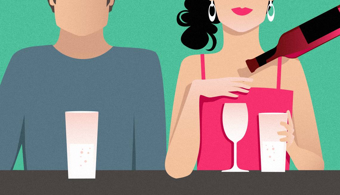 Ilustración de una paraja tomando agua con gas y la mujer pide que no le sirvan más vino