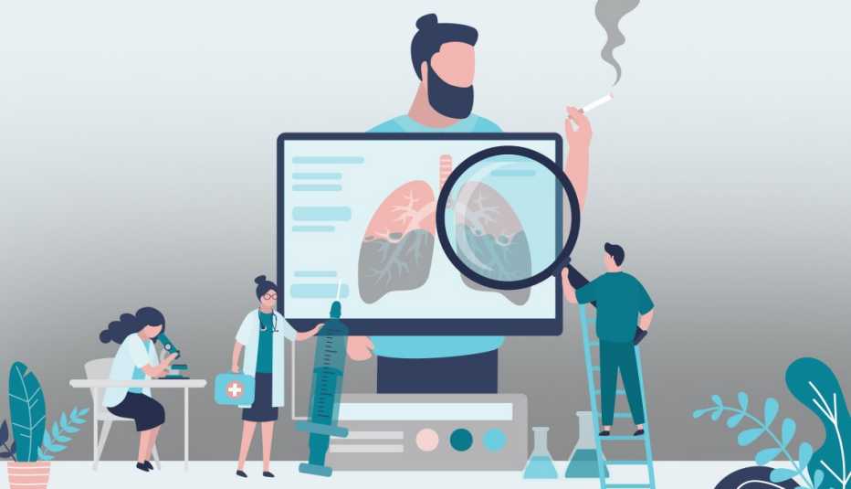 Ilustración de un hombre fumando mientras varios médicos lo examinan