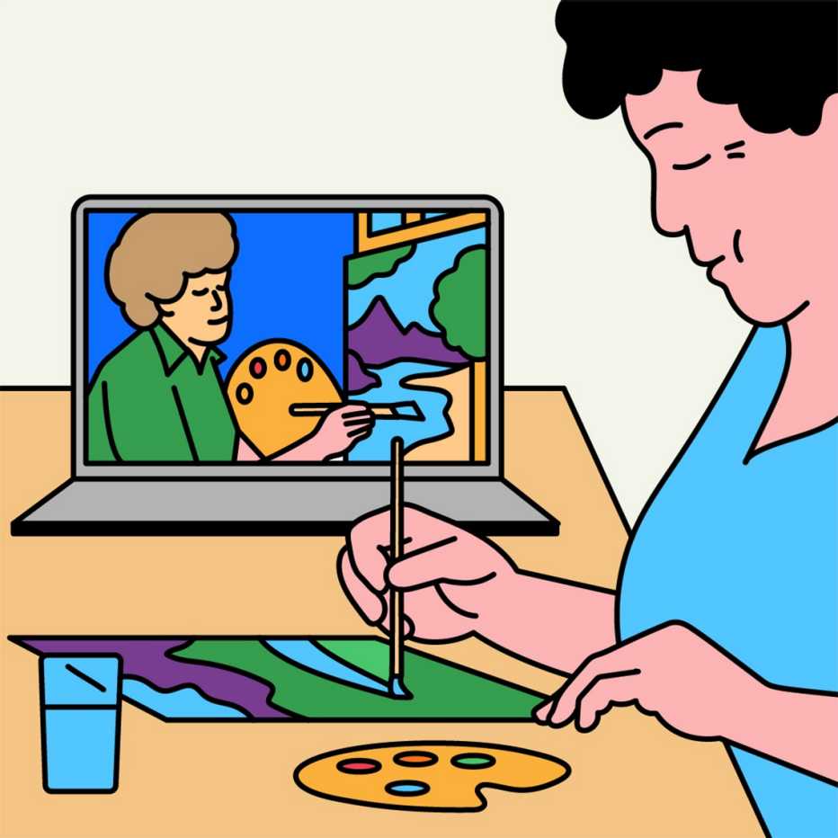Ilustración de una mujer mirando a Bob Ross en la TV y pintando.