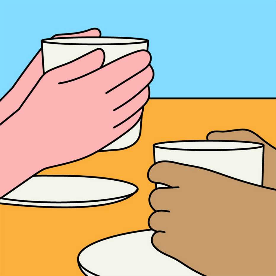  Ilustración de personas tomando bebidas y conversando.