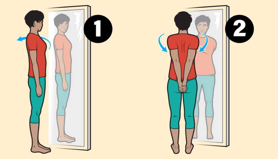 Ilustración de una mujer observando su postura en un espejo de cuerpo completo