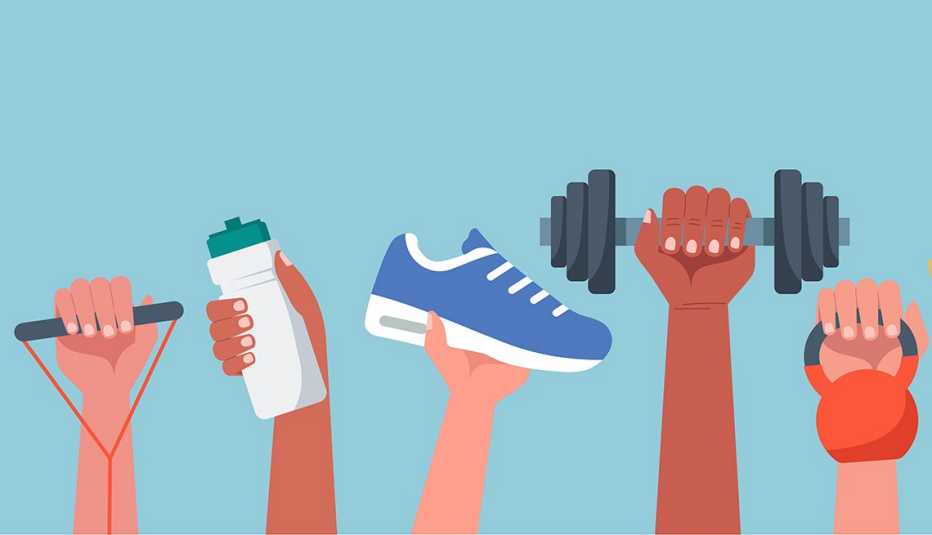 Ilustración de varias manos sosteniendo equipo de ejercicio