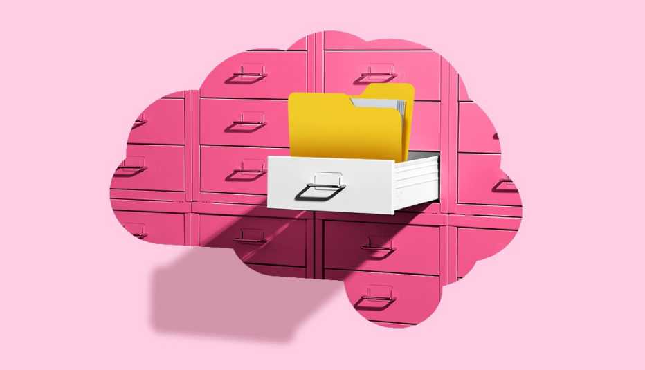 Contorno de cerebro rosa con cajones de archivador