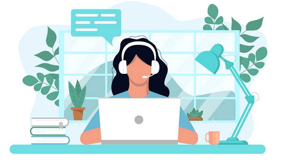 Ilustración de una mujer en su oficina, frente a la computadora y atendiendo una videoconferencia.