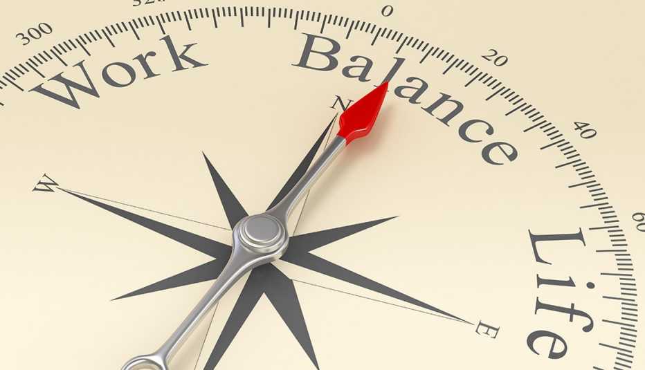 Compás que tiene las palabras en inglés trabajo, equilibrio, vida
