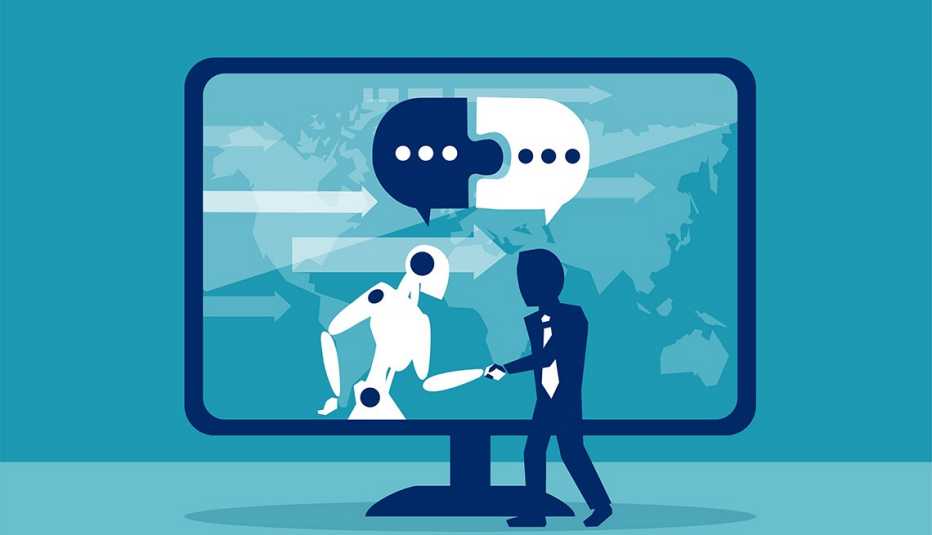 Ilustración de un hombre que le da la mano a un robot que está en una pantalla de computador gigante