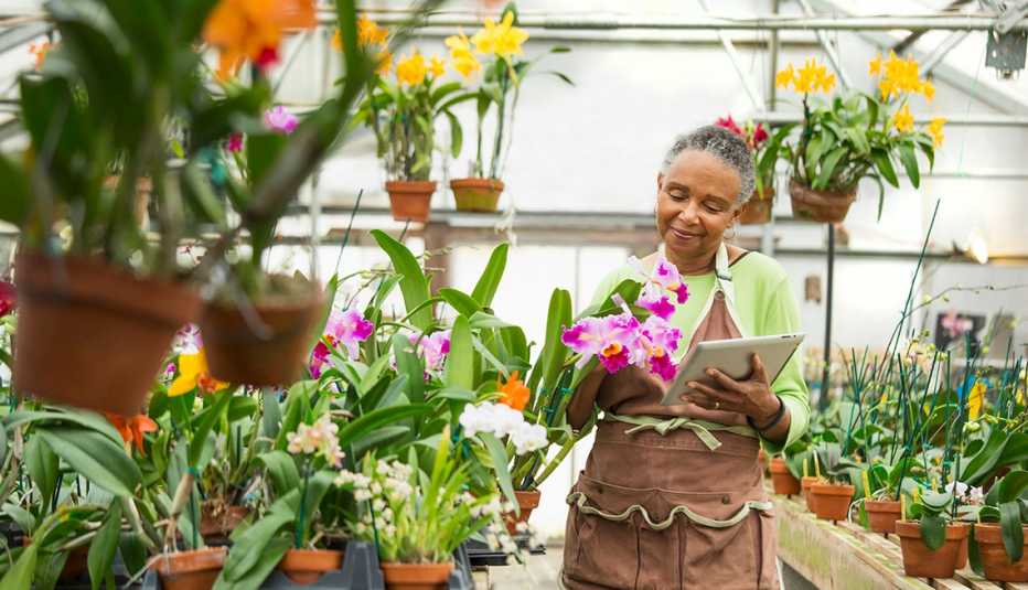 Mujer sostiene una tableta en una mano y con la otra acaricia una flor en un vivero