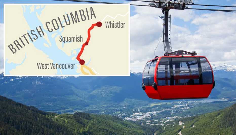 Mapa de viaje por carretera y tranvía aéreo en Whistler Peak Canadá