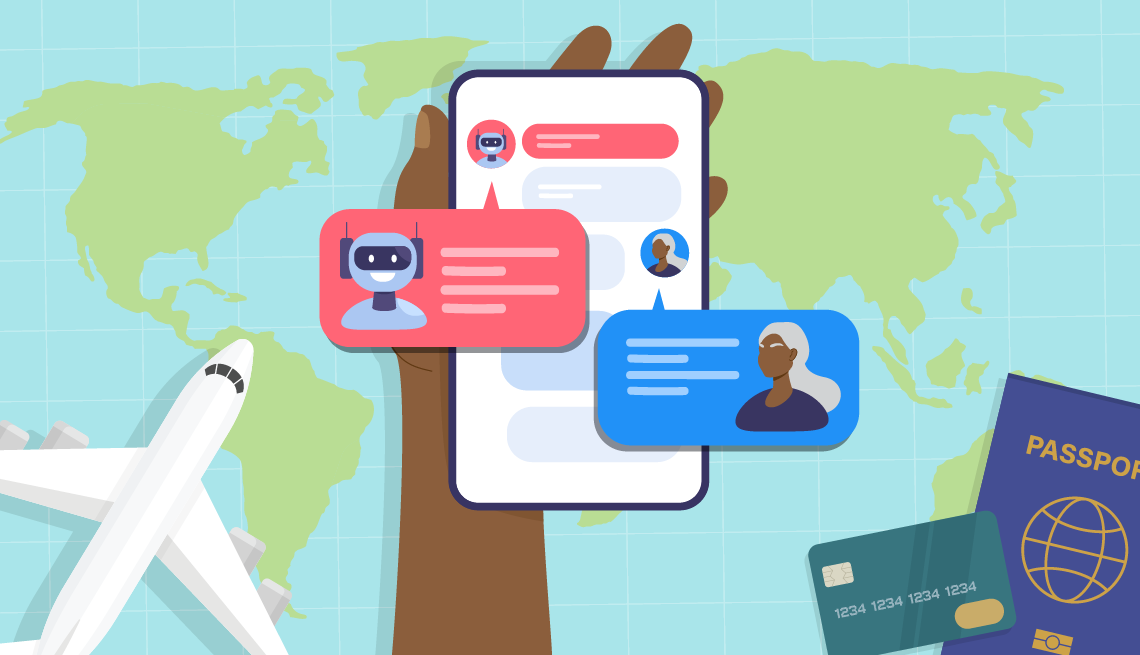 Ilustración muestra una mano sosteniendo un teléfono móvil con un chat entre una mujer y un chatbot de inteligencia artificial.