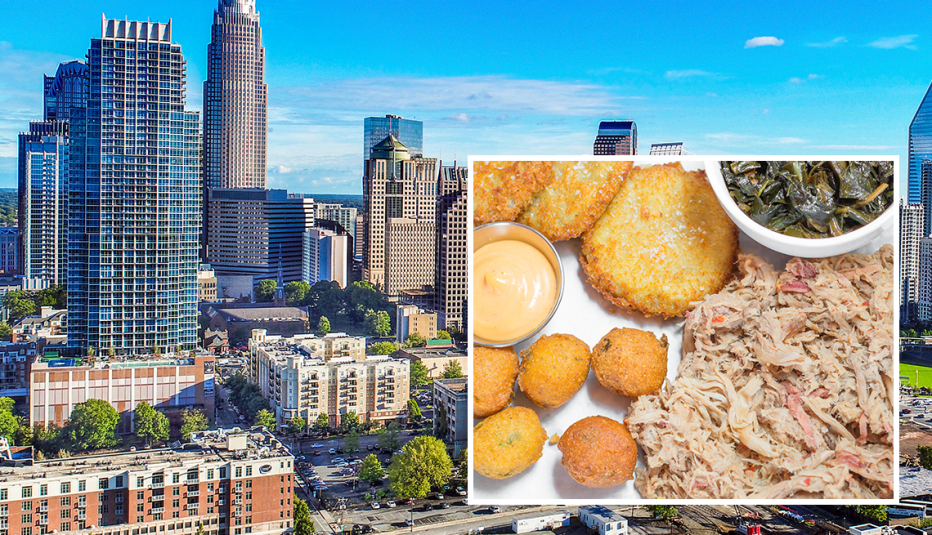 vista de Charlotte, Carolina del Norte, y un plato de barbacoa Carolina