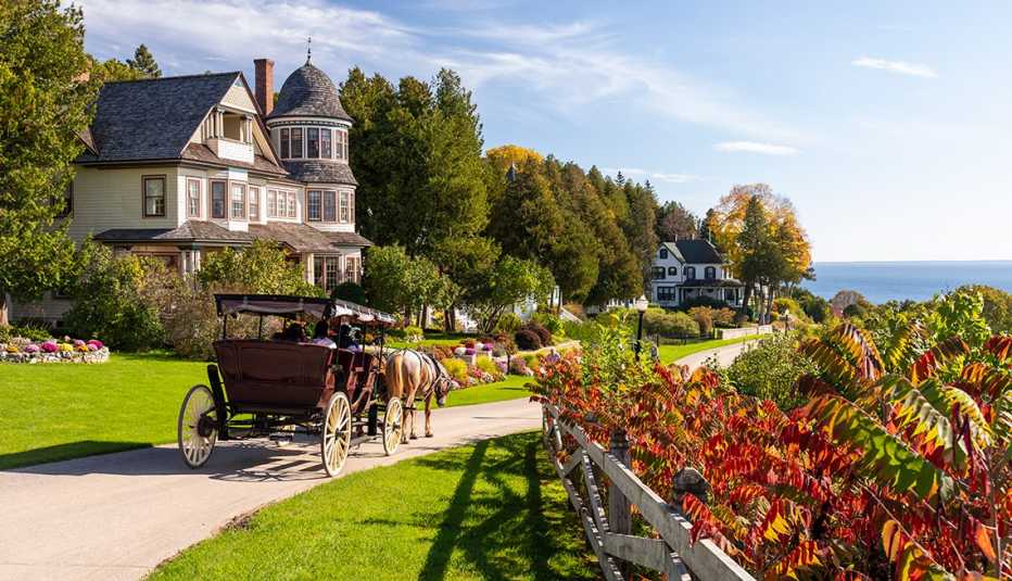 Un carruaje tirado por caballos es una de las formas no motorizadas de desplazarse por la isla Mackinac,Míchigan. 