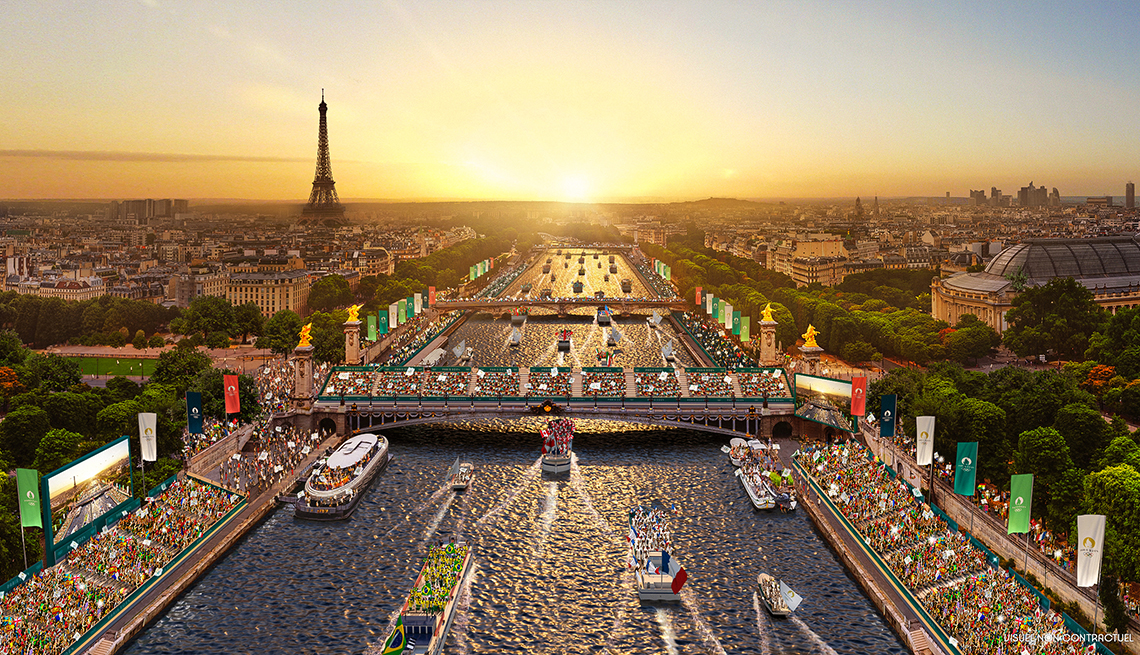 Representación aérea de París con la Torre Eiffel y el río Sena para las ceremonias de apertura de los Juegos Olímpicos de 2024