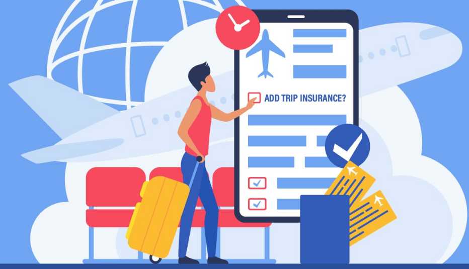 una mujer viajera trata de decidir si debe pagar extra por un seguro de viaje de la aerolínea