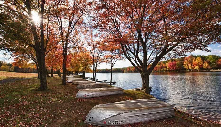 Canoas junto a un cuerpo de agua en las montañas Pocono