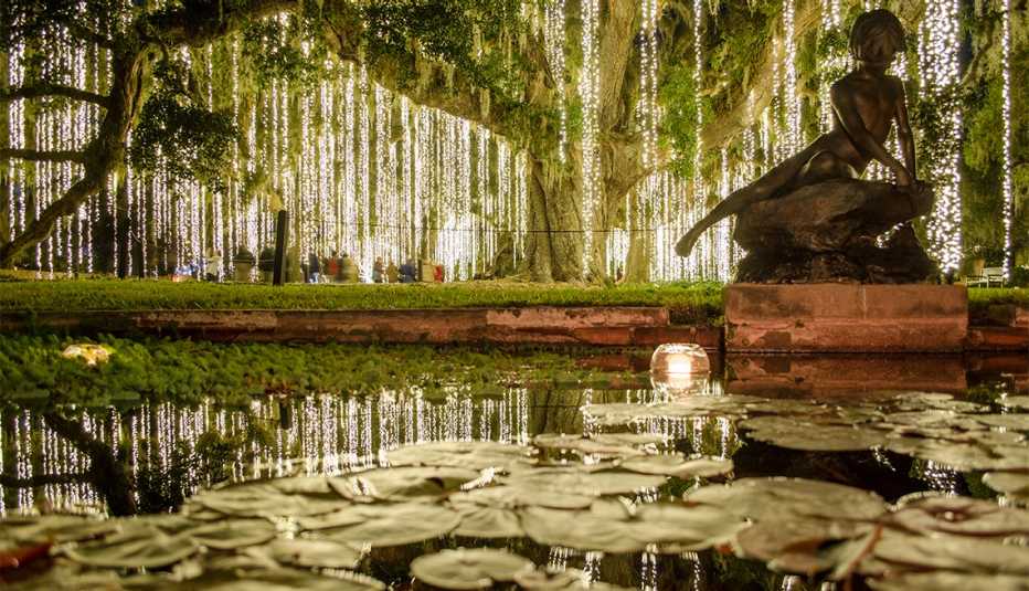 Brookgreen Gardens iluminados con luces blancas