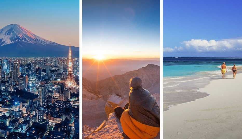 Vista aérea de Tokio, una mujer envuelta en un saco de dormir, y una pareja paseando por una playa tropical