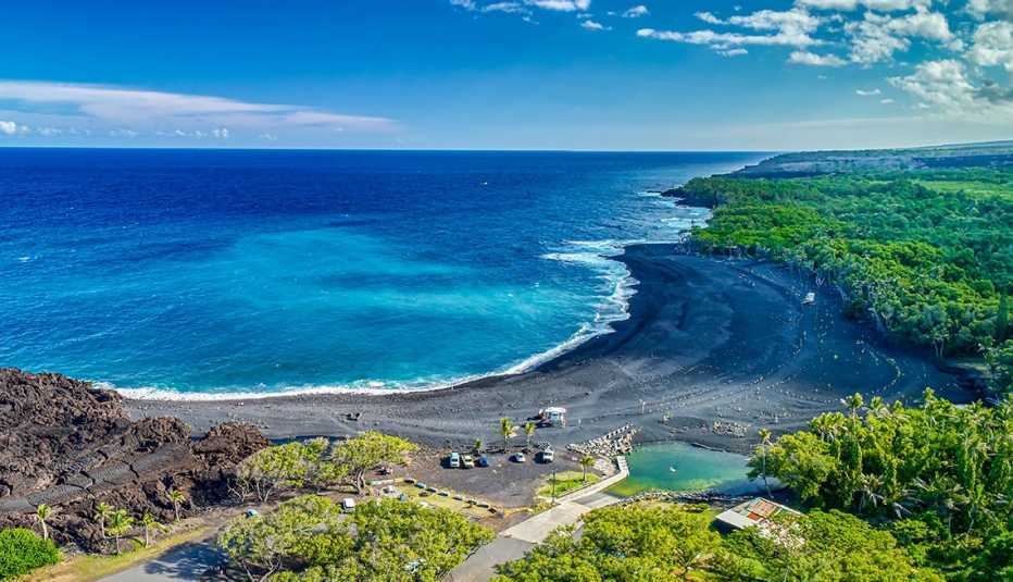 aerial view of Pohoiki Black Sand Beach on the Big Island