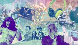 Ilustración que muestra elementos alusivos a la música, cantantes y una persona disfrutando de la música