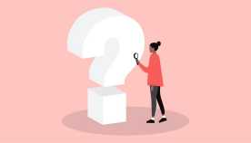 Ilustración de una mujer sosteniendo una lupa junto a un gran signo de interrogación.