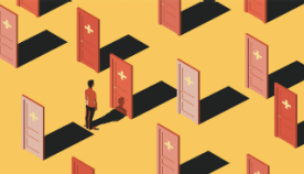 Ilustración de una persona y muchas puertas