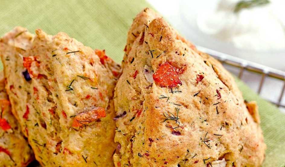 A close-up view of smoked salmon and dill scones