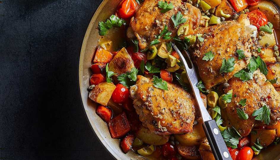 A close-up view of Sicilian-style chicken thighs