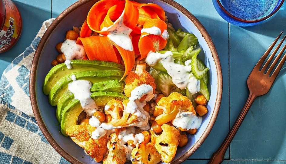 A close-up view of a Buffalo cauliflower grain bowl