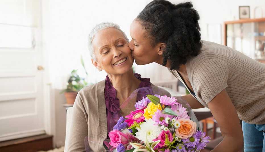 A woman kissing another woman on the cheek