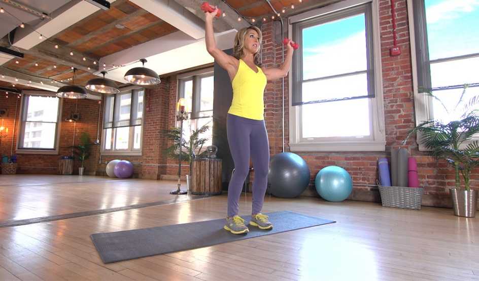 Denise Austin demonstrating an upper-body exercise