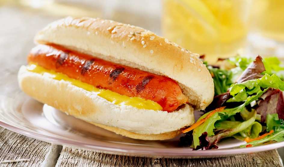 A close-up view of a hot dog and salad on a plate